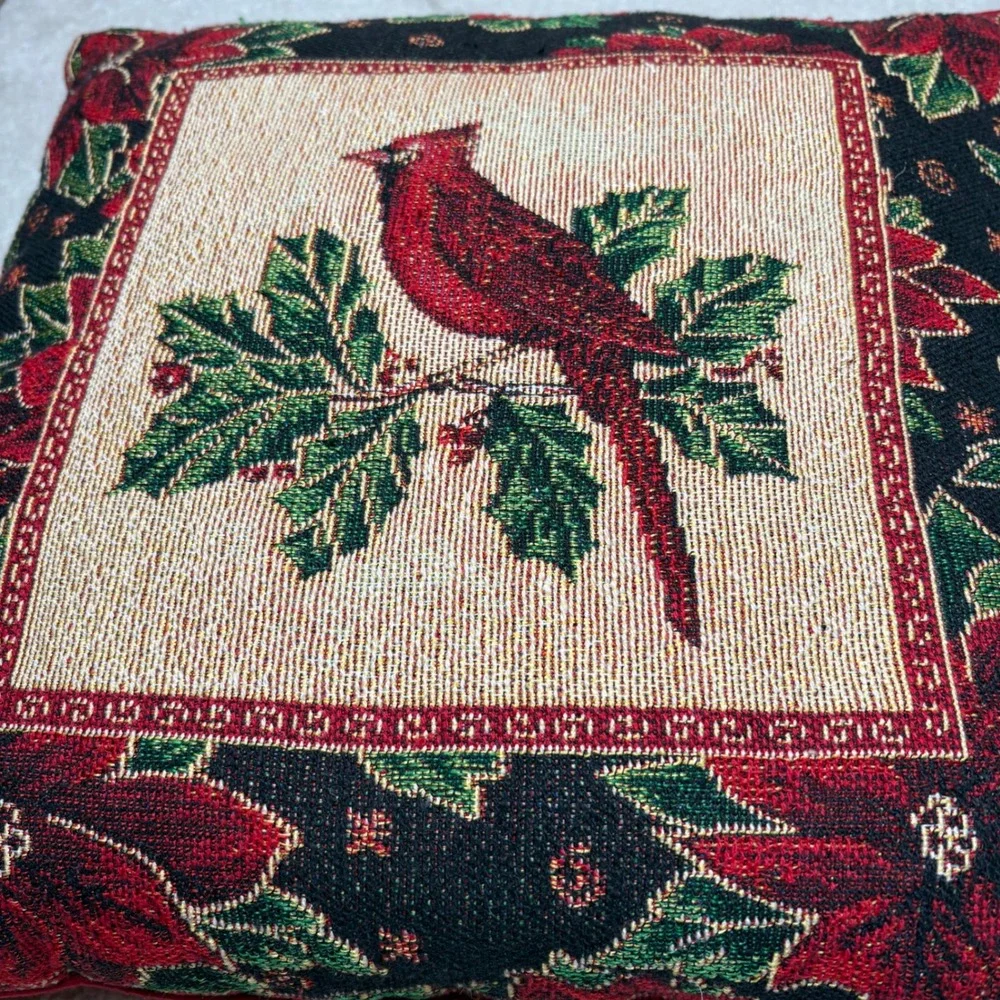 Christmas Tapestry Throw‎ Pillow 16x16 Cardinal Bird Poinsettia Holiday Decor